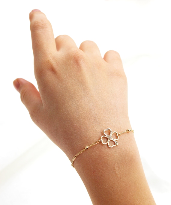 14K Gold & Green Enamel Four-leaf Clover Bracelet Dainty 