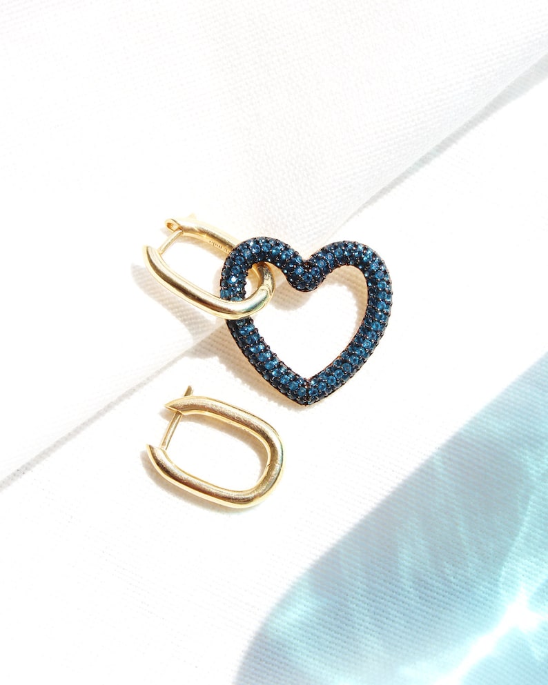 Gold Plated Mismatched Heart Hoop Earrings, Sterling Silver Square Hoop Earrings, Asymmetric Heart Dangle Earrings, Love Romantic Earrings Blue