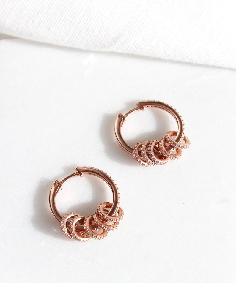 Rose Gold Plated Hoop Earrings with Sliding Rings, Unique Cubic Zirconia Pave Set Hoop Earrings, Sterling Silver Small Circle Charm Earrings image 1