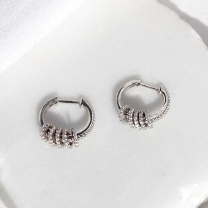 Rose Gold Plated Hoop Earrings with Sliding Rings, Unique Cubic Zirconia Pave Set Hoop Earrings, Sterling Silver Small Circle Charm Earrings image 4