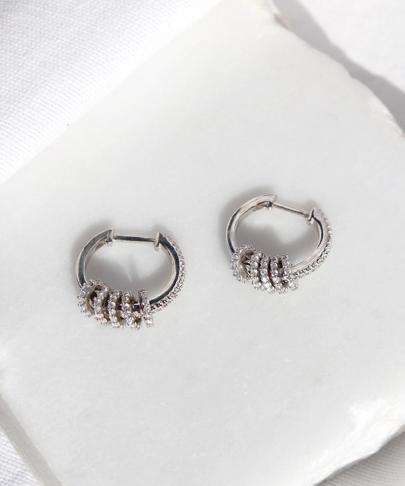 Rose Gold Plated Hoop Earrings with Sliding Rings, Unique Cubic Zirconia Pave Set Hoop Earrings, Sterling Silver Small Circle Charm Earrings image 4