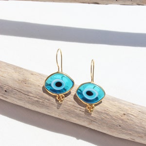 14K Gold Plated Evil Eye Glass Bead Drop Earrings, Organic Shaped Turkish Evil Eye Hook Earrings, Sterling Silver Nazar Protection Earrings image 4