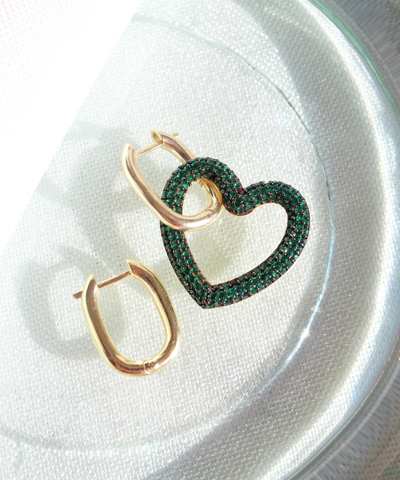 Gold Plated Mismatched Heart Hoop Earrings, Sterling Silver Square Hoop Earrings, Asymmetric Heart Dangle Earrings, Love Romantic Earrings Green