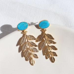 Natural Raw Turquoise Leaf Dangle Earrings, Gold Plated Leaves Botanical Floral Drop Earrings, Artisan Designer Olive Branch Stud Earrings image 7