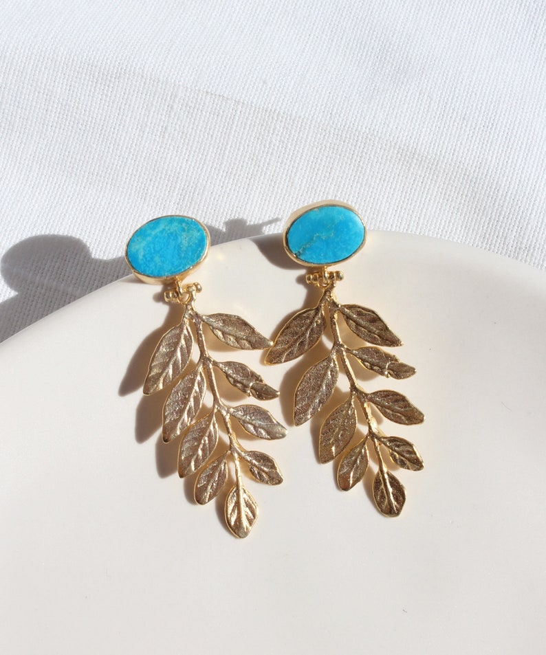 Natural Raw Turquoise Leaf Dangle Earrings, Gold Plated Leaves Botanical Floral Drop Earrings, Artisan Designer Olive Branch Stud Earrings image 7