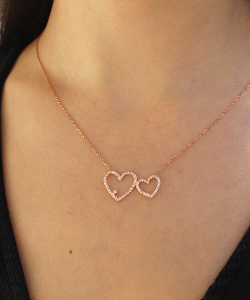 Double Heart Necklace Love Necklace Mother Child Necklace Two Hearts Necklace Gift for Her Gift for Mom