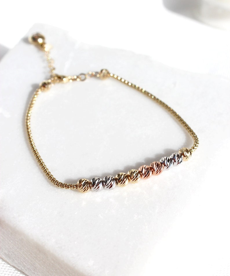 Pulsera satélite de cuentas dóricas de oro macizo de 14 quilates: cadena de palomitas de maíz bicolor tricolor imagen 6