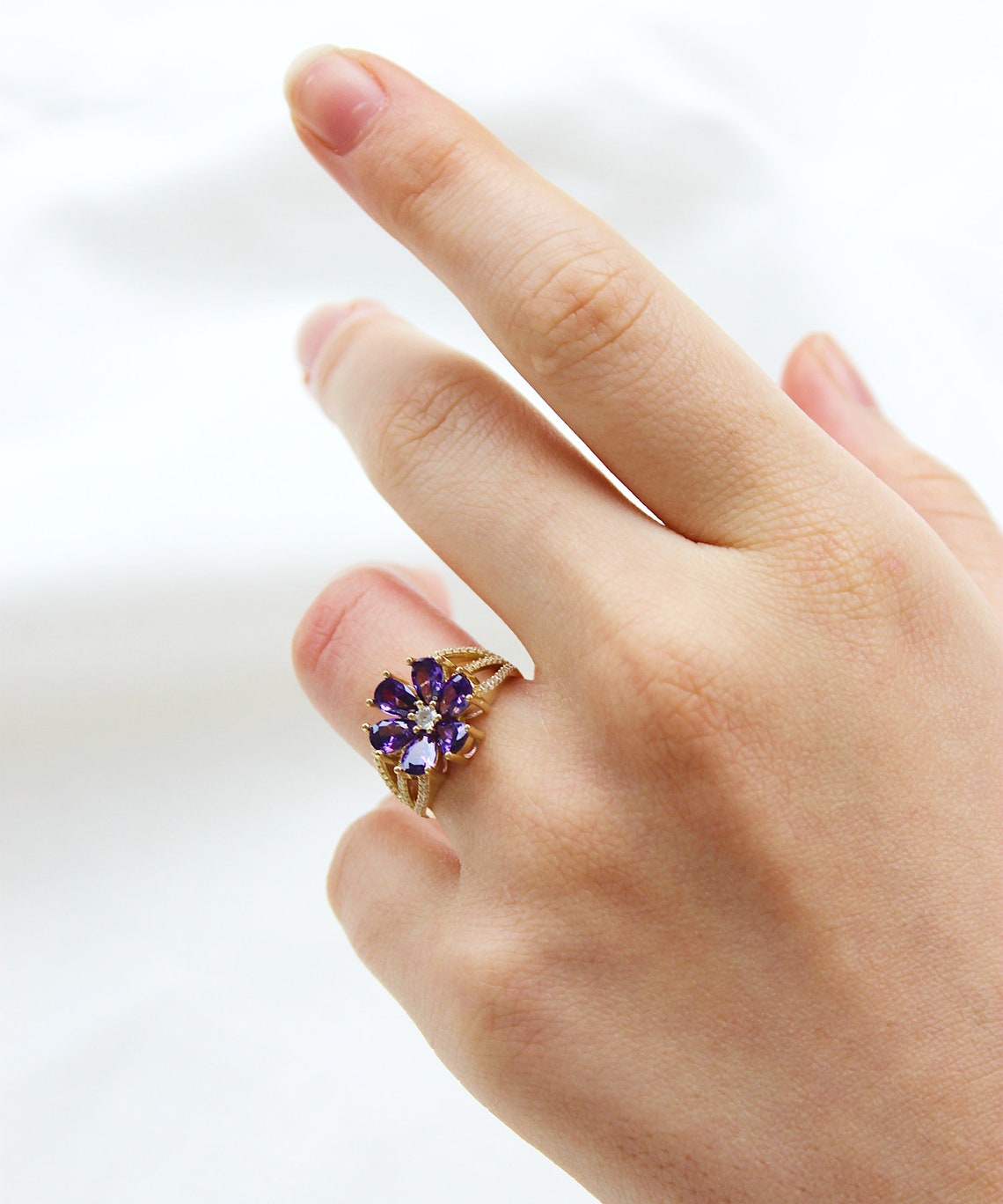Purple Flower Ring 14K Solid Gold / Daisy Ring / Purple Etsy