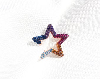 Rainbow Star Sliding Ear Cuff, Sterling Silver Colorful Star Shaped No Piercing Wrap Earrings, Hollow Star Celestial Ear Clips, Gift for Her