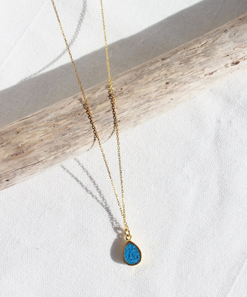 Mosaic Turquoise Teardrop Necklace, Sterling Silver Raw Turquoise Drop Necklace, 14K Gold Plated Blue Gemstone Pendant, Dainty Gift for Her image 6