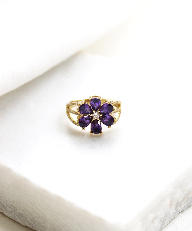 Purple Flower Ring 14K Solid Gold / Daisy Ring / Purple Etsy