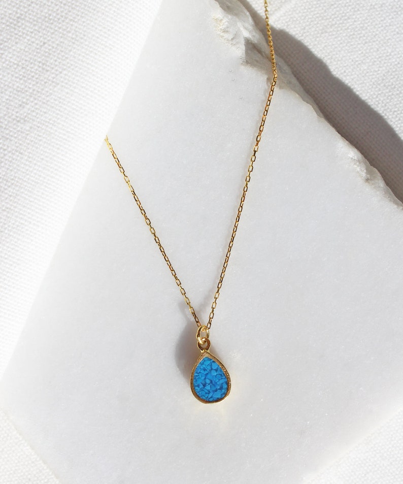 Mosaic Turquoise Teardrop Necklace, Sterling Silver Raw Turquoise Drop Necklace, 14K Gold Plated Blue Gemstone Pendant, Dainty Gift for Her image 3