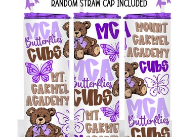 Vaso térmico morado personalizado con mariposas de la Academia Mount Carmel (MCA)