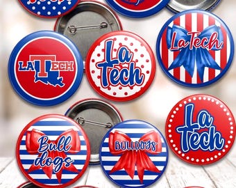 Botones con el espíritu del día del partido de La Tech - Pines personalizados para fiestas previas al partido de fútbol americano - La Dawgs - Accesorios para camisetas de equipos deportivos. Compra 4 por 19.99.