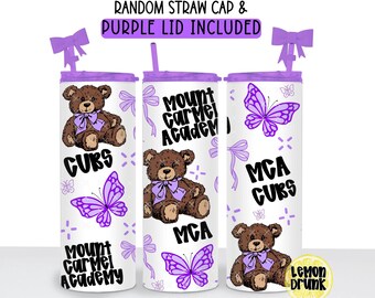 Vaso térmico morado personalizado con mariposas de la Academia Mount Carmel (MCA)