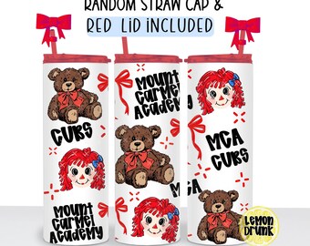 Vaso personalizado con diseño de muñeco de trapo de la Academia Mount Carmel (MCA)