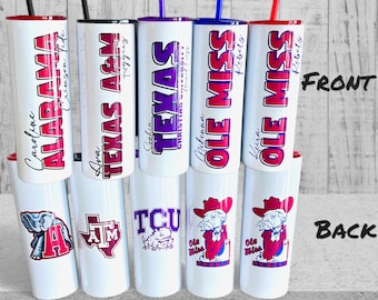 Vaso personalizado para cualquier universidad. Anverso y reverso personalizados con nombres y mascotas.
