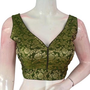 Timeless Olive Green Banaras Silk Ready made Saree Blouse - USA