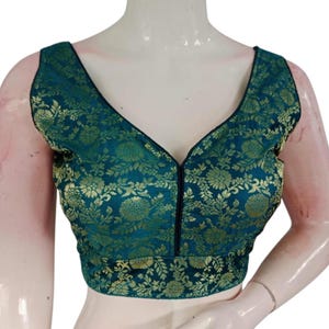Captivating Teal Blue Banaras Silk Designer Ready made Blouse Blouse - USA