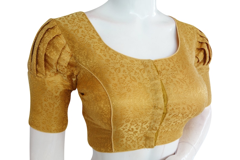 Gold Color Brocade Silk Readymade Saree Blouse with Puff Sleeves and Matching Mask