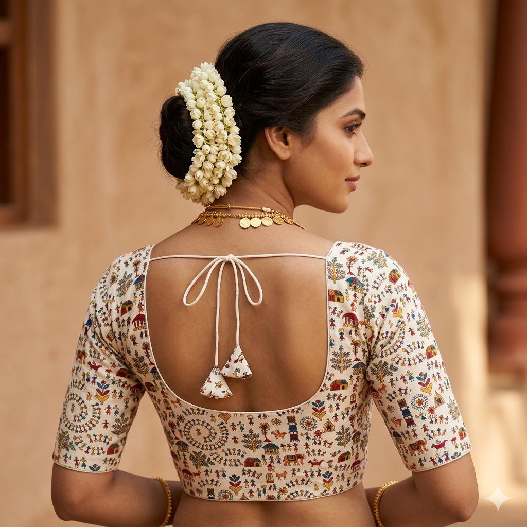 White Color Cotton Floral Printed Saree Blouse, Indian Readymade