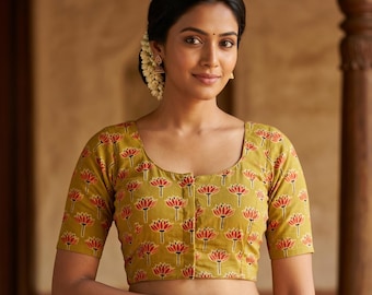 Mustard Ajrakh Cotton Saree Blouse, Indian Designer Readymade Blouse with Princess cut