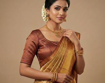 Black Copper Brocade Silk Saree Blouse, Ready made Indian Crop Top,Princess cut