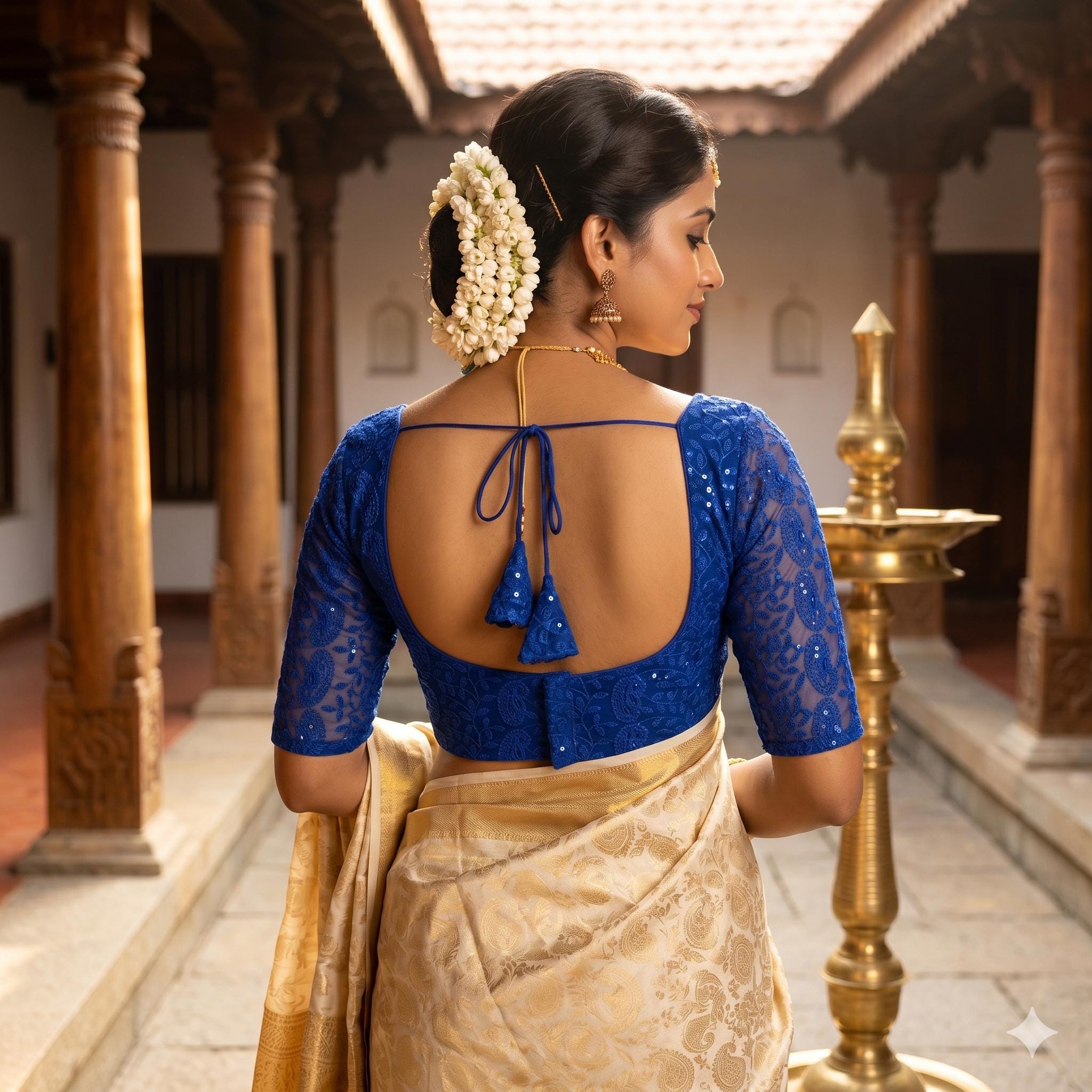 Blue Chikankari Embroidered Saree Blouse: Readymade Indian Choli