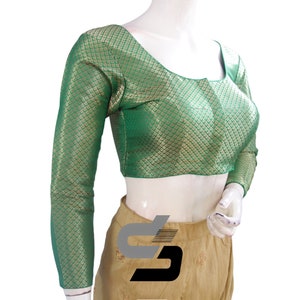 Green Color Brocade Silk Choli Women’s Saree Top Full Sleeve