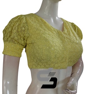 Yellow Color High Neck Chikankari Designer Readymade Saree Blouses With Puff Sleeves
