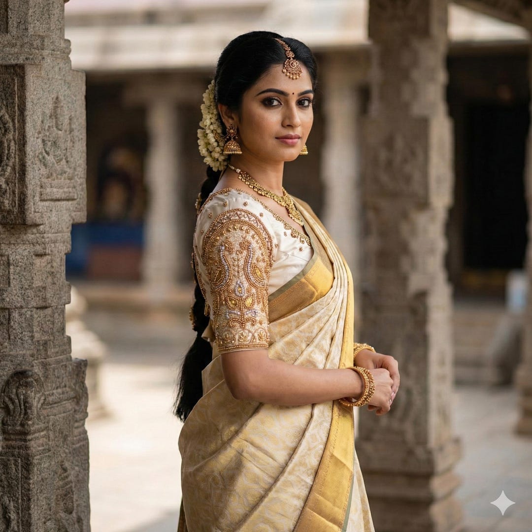Handcrafted Beauty: Off-white Aari Handwork Wedding Silk Saree