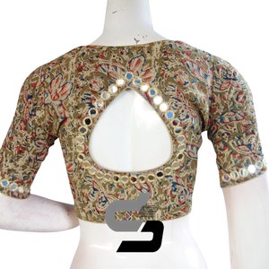 Olive Green Color Kalamkari Designer Mirror Neck and Sleeves Handwork Readymade Saree Blouse