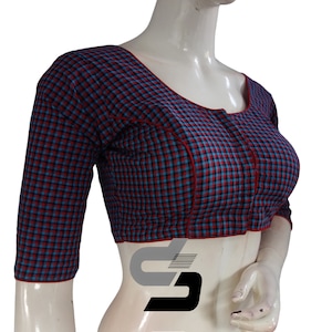3/4 th  Cotton Checks Readymade Saree Blouse, Indian Cotton Readymade Saree Blouse in USA