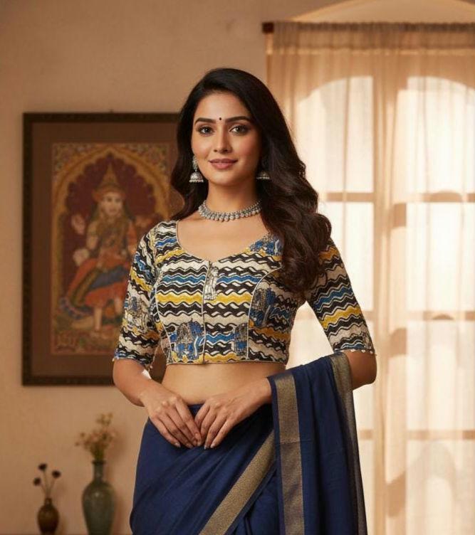 トップス L'Appartement Indian Cotton Blouse Kalamkari 3/4th Sleeves Readymade Saree Blouse, Indian Cotton Crop