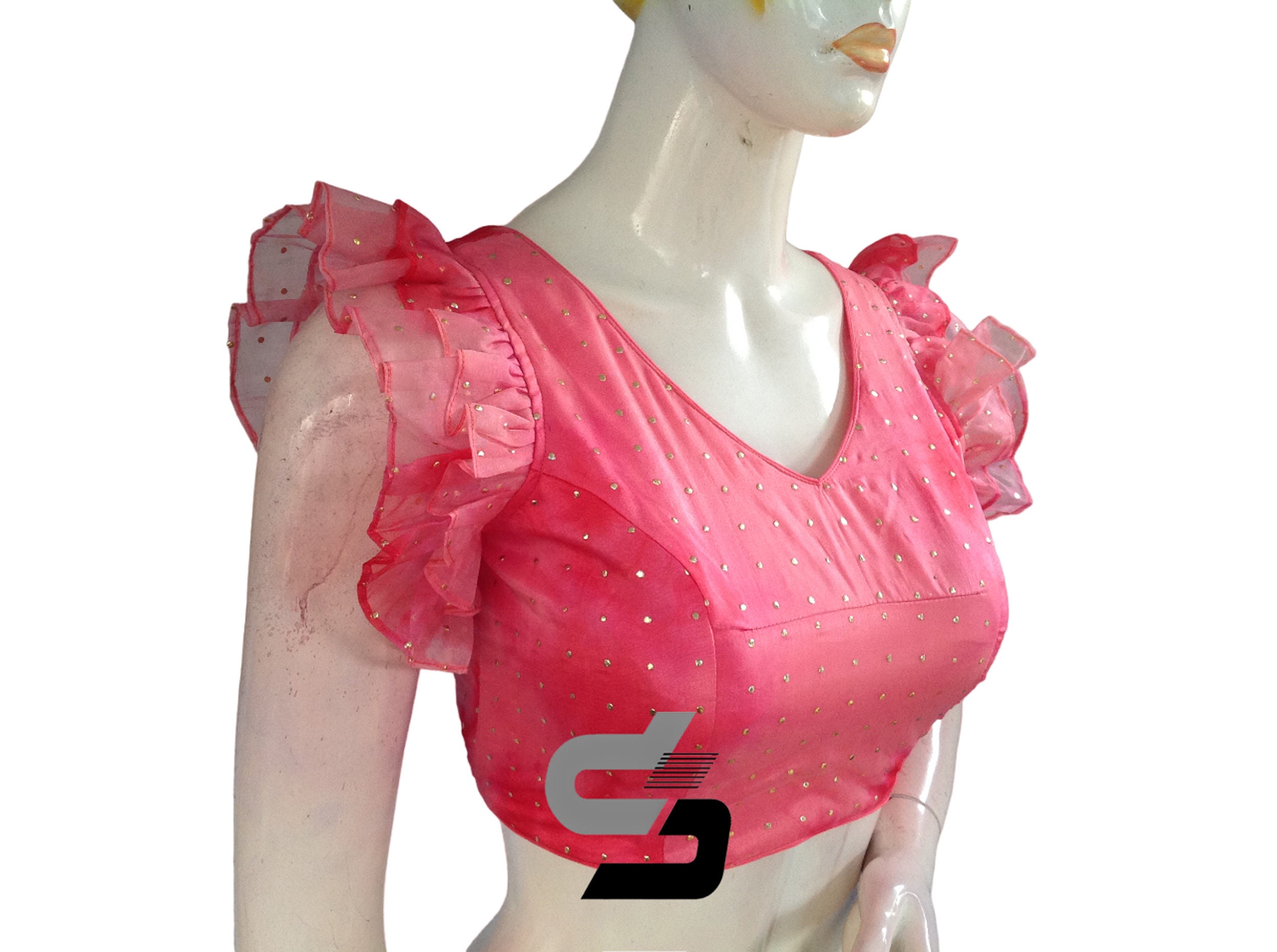 Pink Color V Neck Georgette Readymade Saree Blouse With Ruffle Sleeves,  Indian Designer Blouse in USA 
