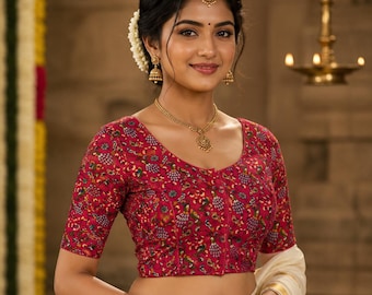 Magenta Cotton Printed Saree Blouse: Readymade Indian Top,Princess cut