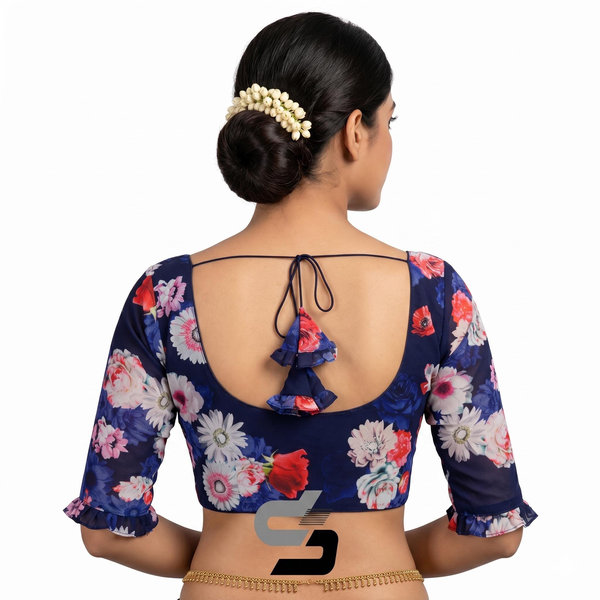 Floral Navy Blue Organza Blouse, Readymade Saree Top,princess Cut