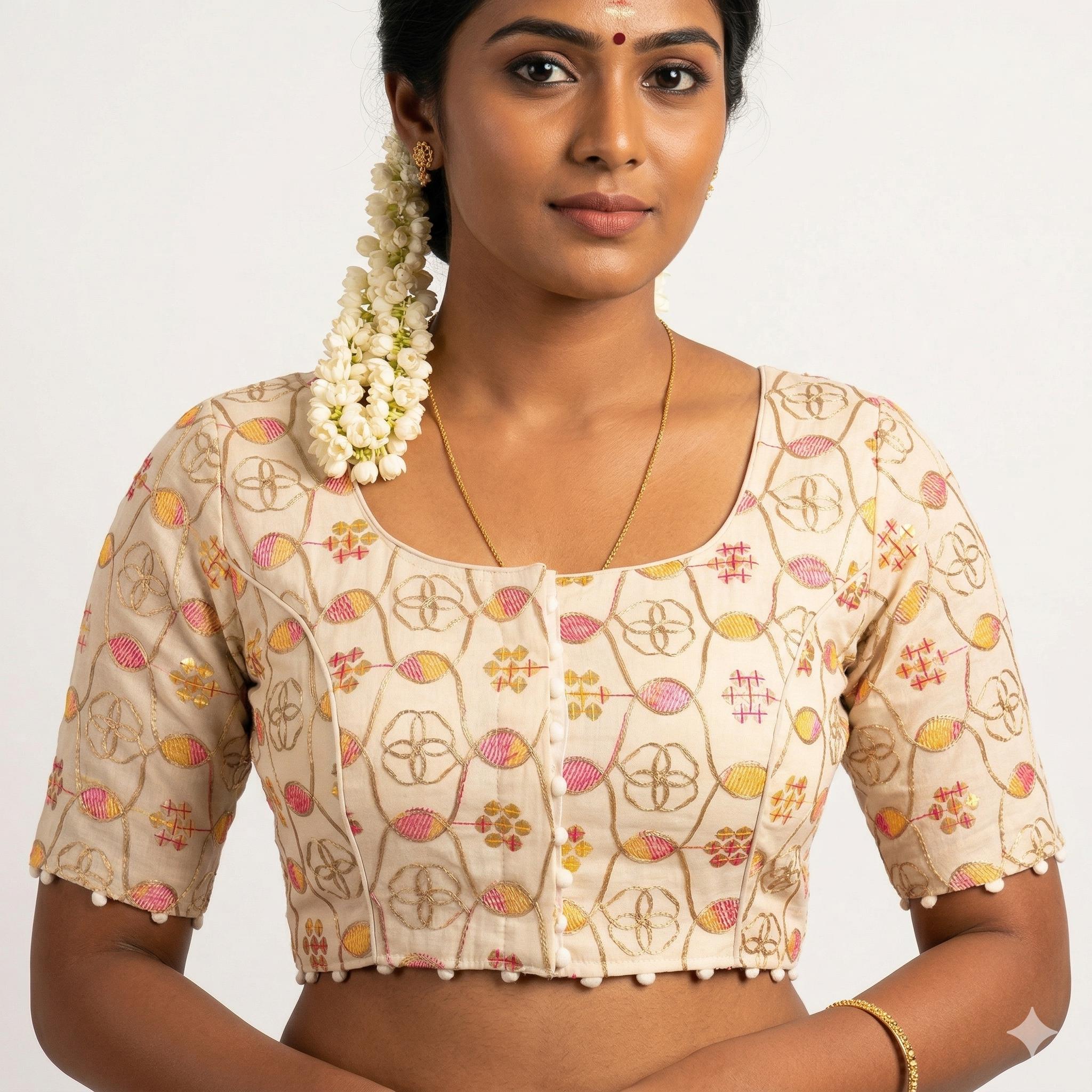 Boho Khadi Cotton Blouse, Embroidered, Natural Fiber, Ready to Wear USA,Princess cut
