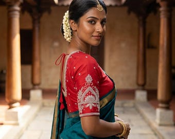 Aari Art: Handcrafted Silk Saree Readymade Blouse with Silver Beads Work  | USA