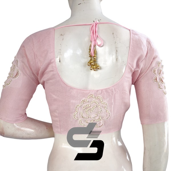 Pastel Pink Delight: Designer Jute Embroidery Readymade Saree Blouses, Indian Choli top in the USA