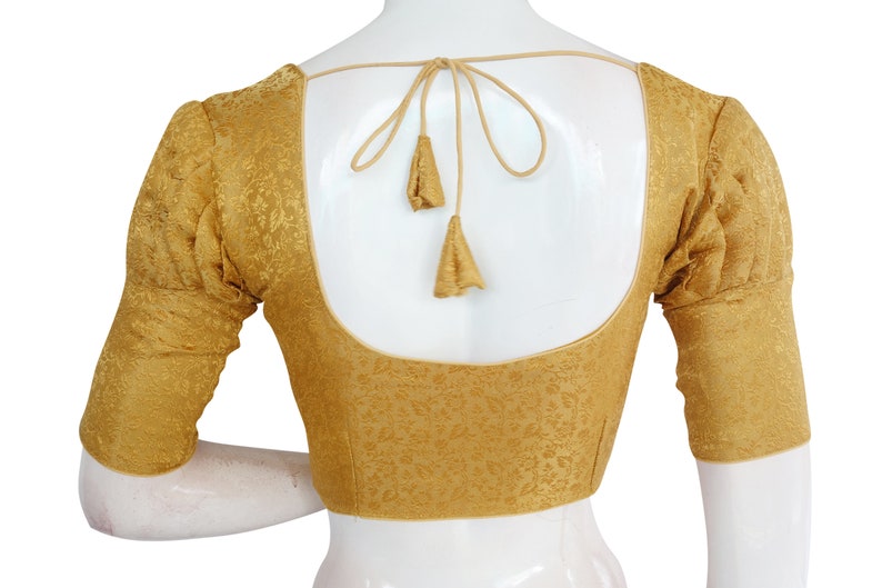 Gold Color Brocade Silk Readymade Saree Blouse with Puff Sleeves and Matching Mask
