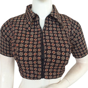 Ajrakh Cotton Hand Blocked Indian Saree Readymade Blouse, Collar Blouse