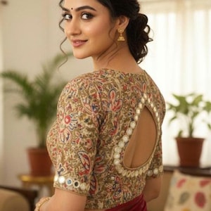 Olive Green Color Kalamkari Designer Mirror Neck and Sleeves Handwork Readymade Saree Blouse