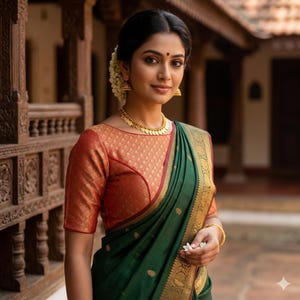 May include: A woman wearing a traditional Indian sari. The sari is dark green with gold trim and a red blouse with a gold pattern. She is wearing gold jewelry, including a necklace and earrings. Her hair is styled up with flowers.