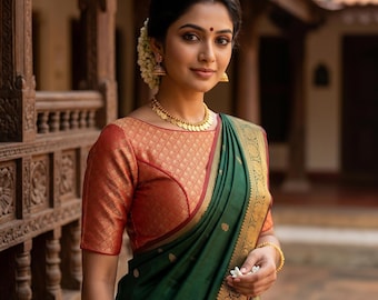 Red Brocade Silk Designer Saree Blouse: Boat Neck, Potli Button, Princess Cut