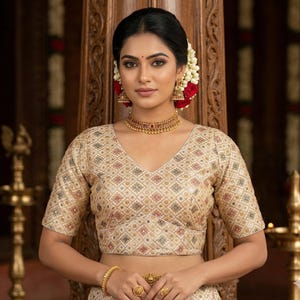 Floral Embroidery Semi Silk Saree Blouse: Indian Designer Readymade Choli