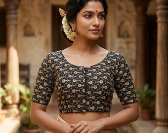 Black Semi Silk Floral Embroidery Saree Blouse, Indian Designer Readymade Princess Cut