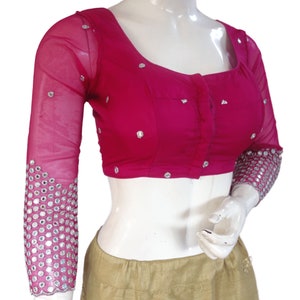 Pink color Designer  Net Foil Mirror Readymade Saree Blouse With Bracelet Sleeves, Indian Readymade Blouse USA