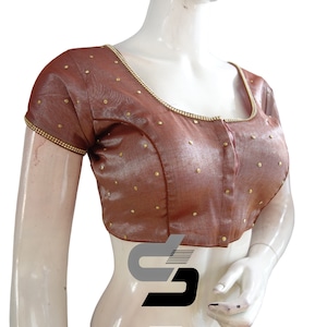 Terracotta Color Moti Tissue silk Readymade saree blouse From D3 Blouses, Indian Designer Blouses in USA
