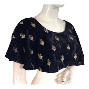 Navy Blue Velvet Ponchos Readymade Saree Blouse, Indian Designer Choli Top